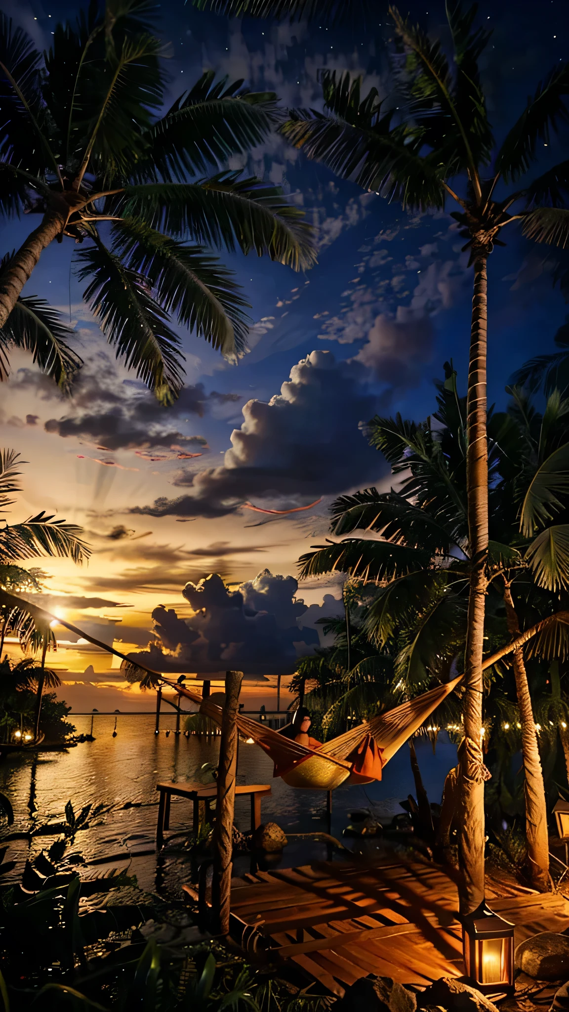 A silent scene during night time of a Filipino inspired native hammock tied on two branches of coconut trees 