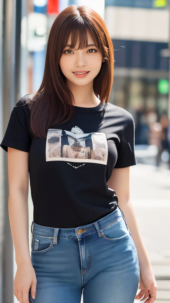 (Realistic: 1.4), (highest quality: 1.4), Ultra-high resolution, (fine grain),Full Body Shot,((Pose for gravure photography)),One girl woman,(Big Breasts),Straight hair,((Jeans and T-shirt)),Big eyes,Blushed face,((smile)),Highly detailed face and skin texture, Healthy Skin,(Shinjuku),8K resolution