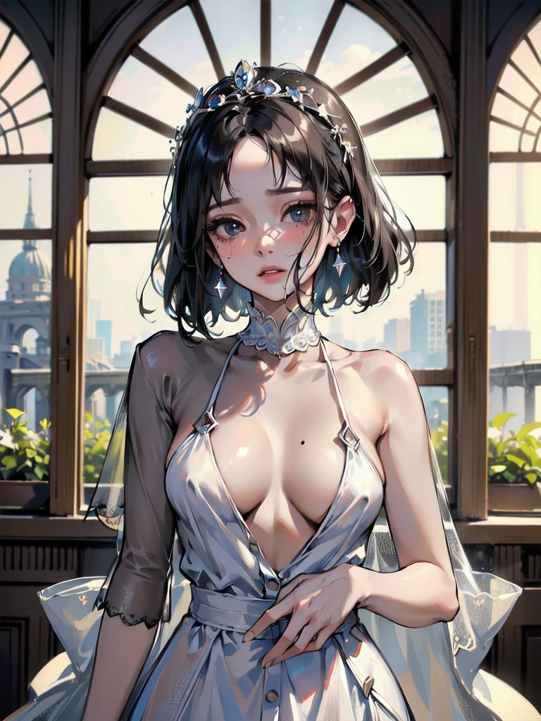 ((absurdres, RAW photo, extremely delicate and beautiful, masterpiece, Best Quality, ultra high resolution, 32k, hyperrealistic, ultra-detailed, perfect figure)), tearful mole, earring, whole body shot, big breast, short medium hair, wavy hair, button shirt dress, face veil,