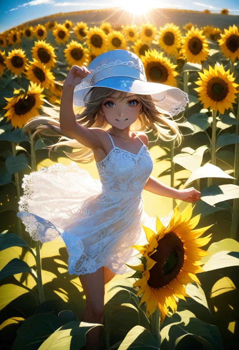 Send it,One girl,alone, (White lace dress:1.2),loose fitting dress (sun visor hat:1.2), Sunflower field, Under the sunlight, A light smile,View Viewer, Wind, dynamic, Strong light and shadow,dynamic pose,