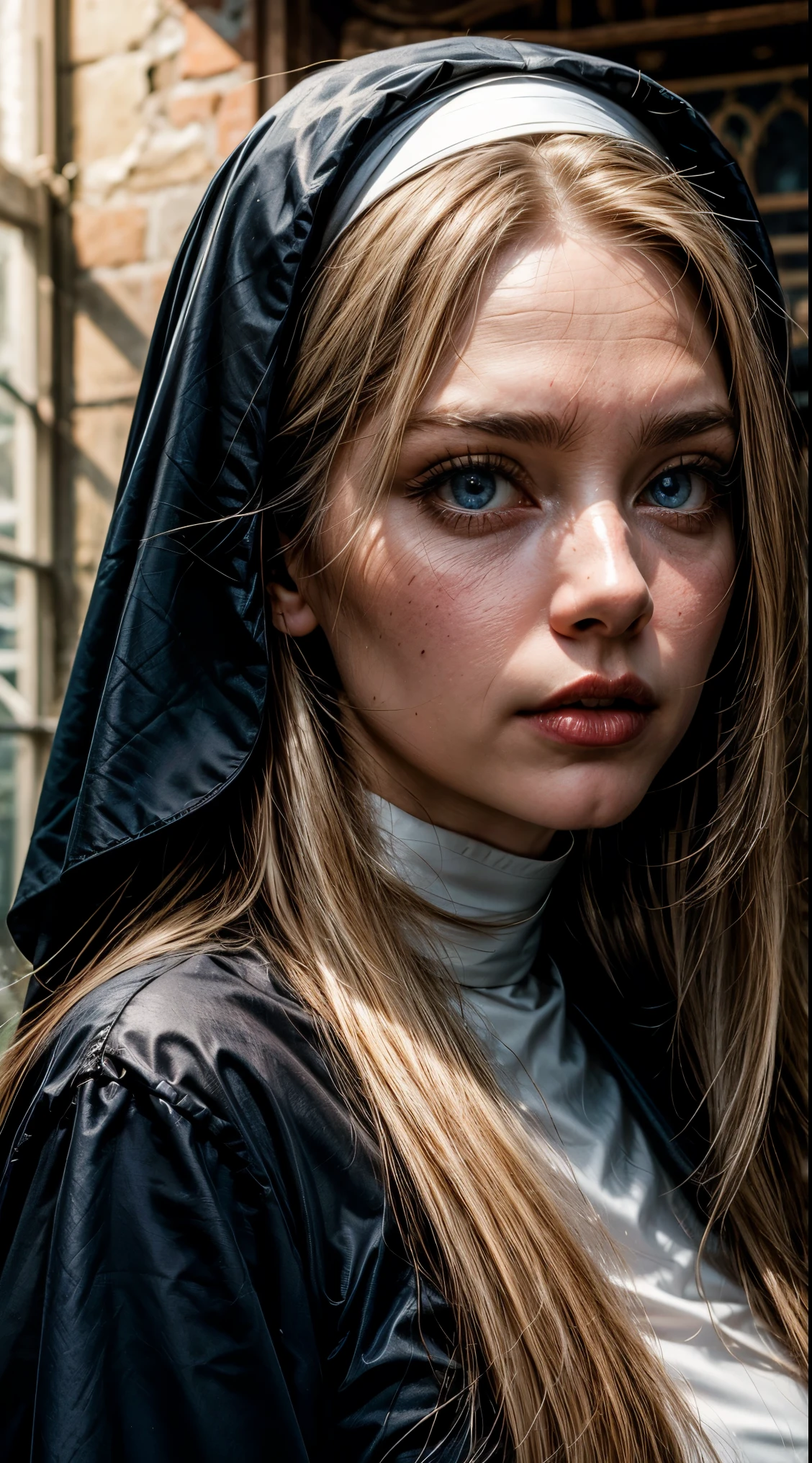 Pure blond straight hair, (long hair) (((straight hair))), Detailed hair, Blue Eyes, beautiful eyes, light on the face, pale skin, a 50 year old mysterious, dark, woman, nun,