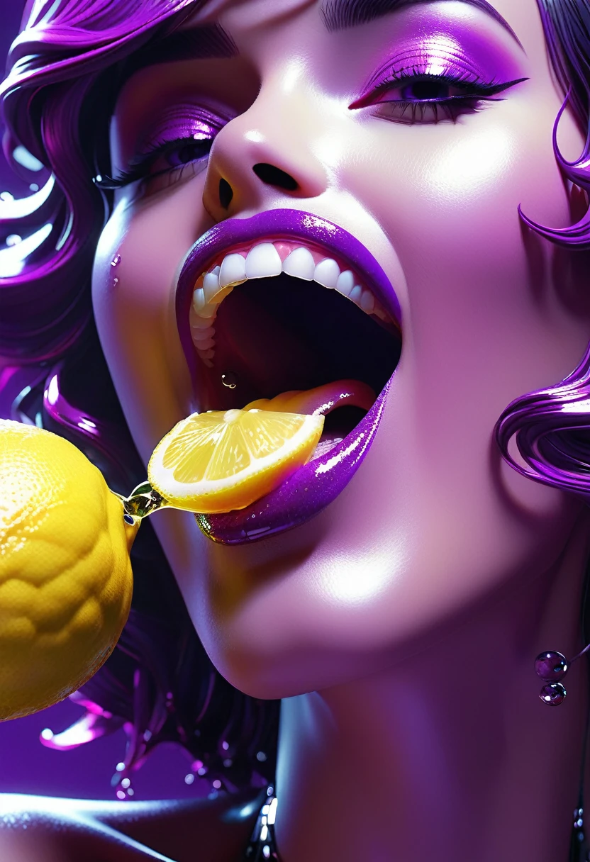 Pop art 3D image "Enjoying Lemon Juice" featuring voluminous metallized open mouth with plump lips and supernaturally long tongue extending to catch a falling lemon juice droplet, bright purple and pink hues with strategic highlights and shadows, rendered in Unreal Engine for an ultra-detailed 32k masterpiece with neon ambiance, abstract black oil textures, gear mecha elements, detailed acrylic style, grunge aesthetic, High Resolution, High Quality, Masterpiece