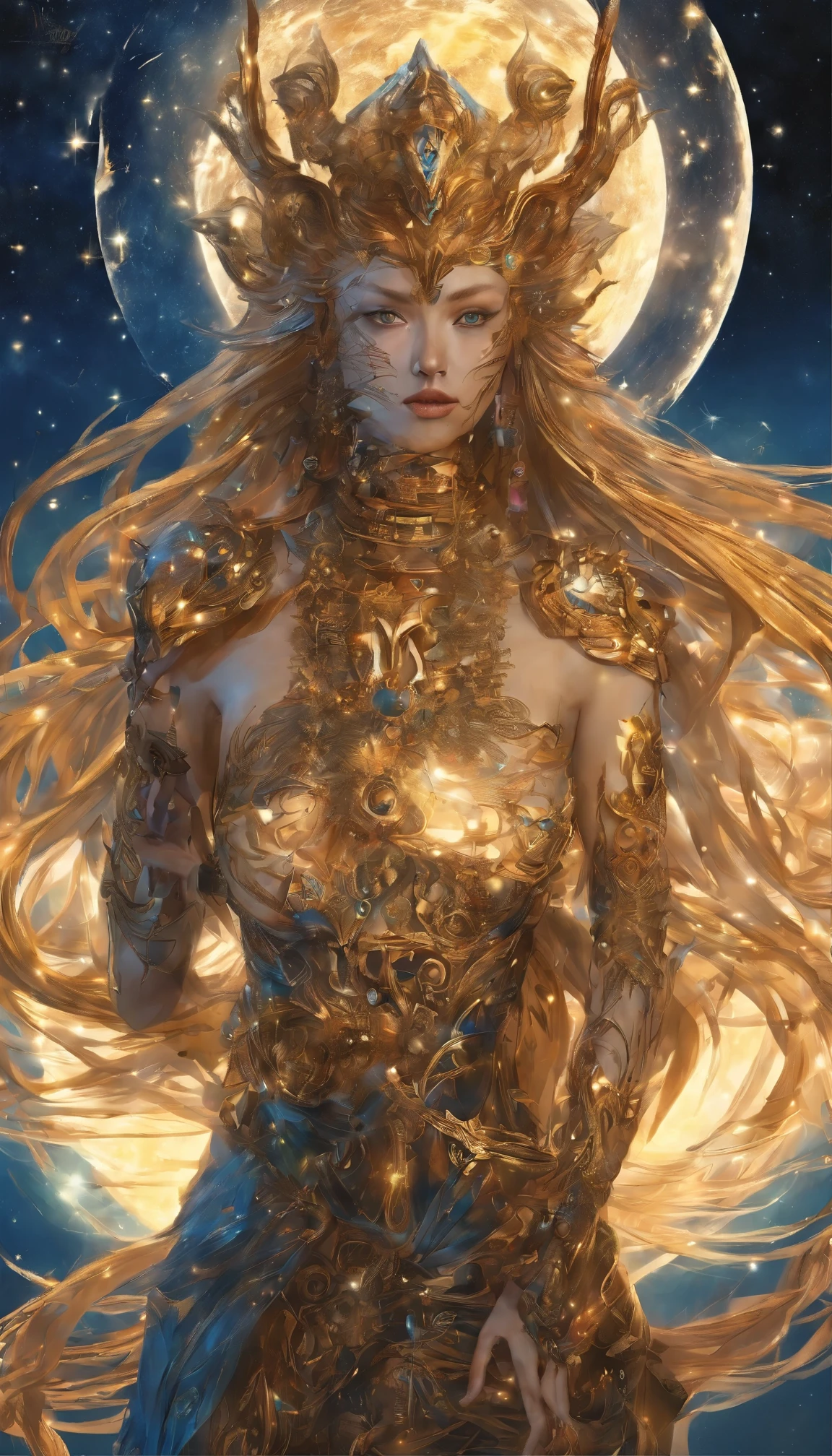 (The most ultra-realistic), Ultra-realistic , powerful welcome,(highest quality,Super detailed,Best Illustration,Best Shadow,masterpiece,High resolution,Professional artwork,Famous works of art),A masterpiece of photographic composition, Fine grain,Beautiful Eyes,Cleavage close-up, Science,Colored sclera,Robot Eyes,Strong facial pattern,Got a tattoo,(Fractalized,Fractal Eye),(Eye focus),Face Focus,Eye of the Nebula,Eyes of the Universe,Close-up of a metal sculpture of a woman with a moon in her hair,welcome。Extremely high detail,3d welcomes portrait,Extremely detailed footage of the welcomes,a stunning portrait of a welcomes,Side image of the welcomes,portrait of a beautiful welcomes,Full body close-up portrait of the welcomes,hecate welcomes,portrait of a norse moon welcomes,welcomes of space and time, Asian skin, A masterpiece of skin detail, Realistic Skin, A shining masterpiece of oil painting, Sea Art 2.1, trending seaart moon welcomes, The middle of a journey, particle, Warm Dark Blue, Gold Star Glow, ultra detail texture masterpiece, The best contrast, Golden Reflection, Super detailedなゴールドテクスチャ, light, Sparkling light reflections, Natural Color, Neutral Colors, (Neutral Color), Sparkling eyes, Glowing Eyes