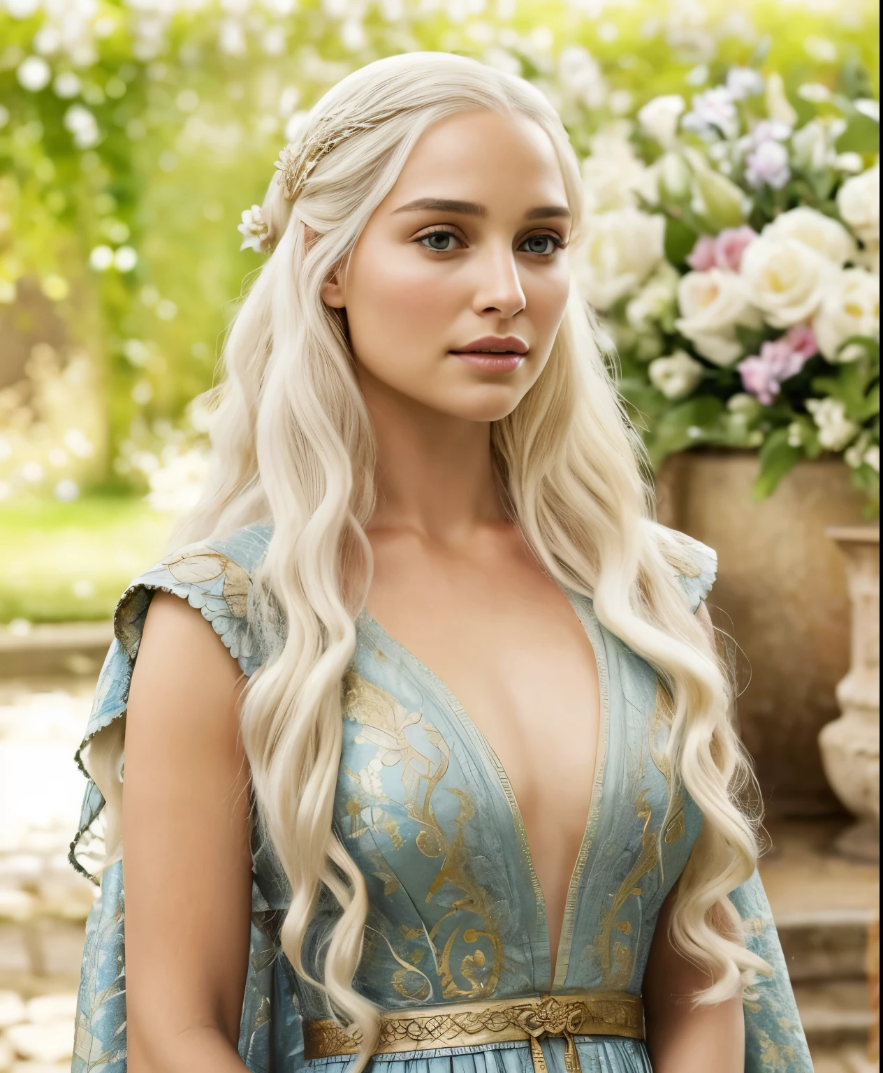 Princess Targaryen, gardens, looks like Daenerys|Natalie Portman, long white curly hair, pale red dress of the 16th century with gold patterns on the fabric, beautiful indigo eyes, delicate face, hd