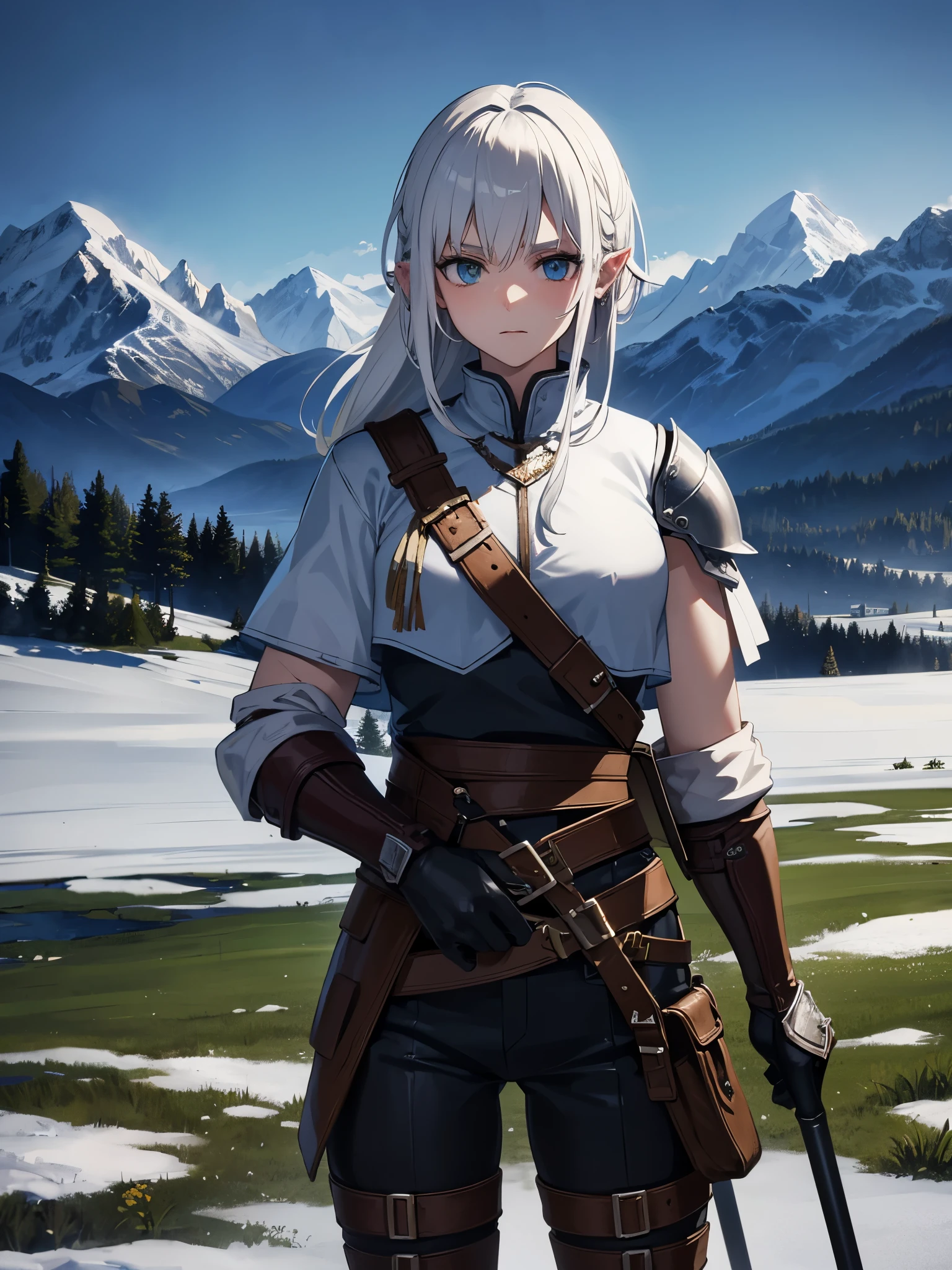 White Orc, Armbrust in der Hand, Quiver on the back, Leather Armor, Green landscape in the background with snow-capped mountains, Klare Augen, Schaut richtung Kamera, Keine Hauer,