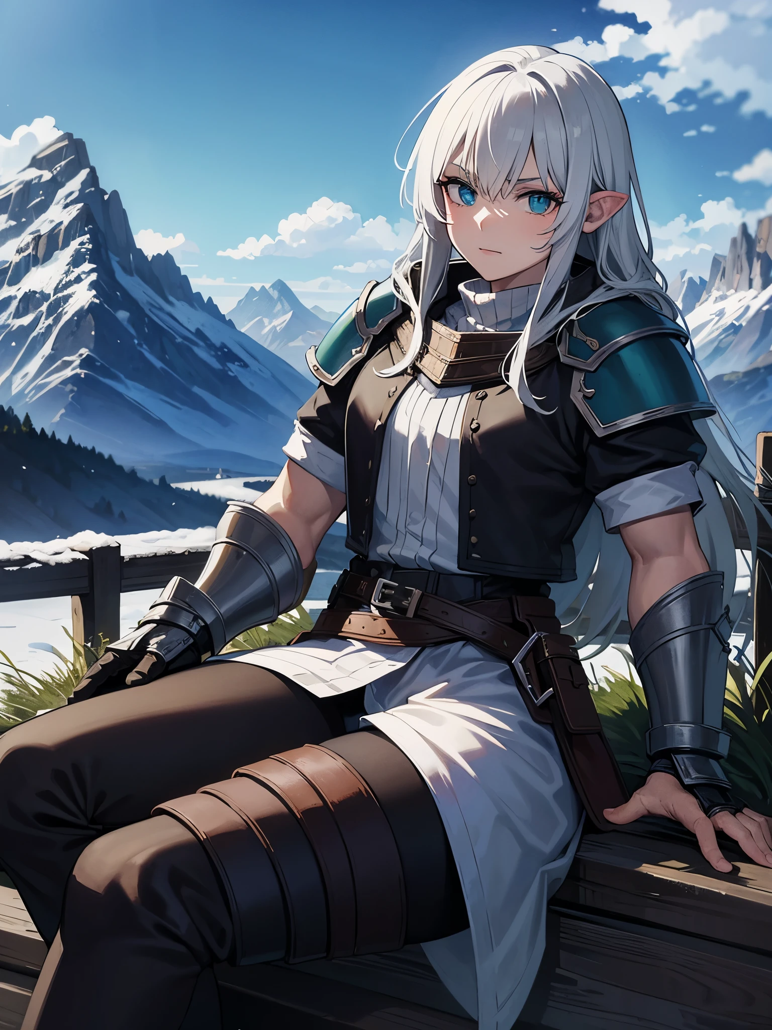 White Orc, Armbrust in der Hand, Quiver on the back, Leather Armor, Green landscape in the background with snow-capped mountains, Klare Augen, Schaut richtung Kamera, Keine Hauer,