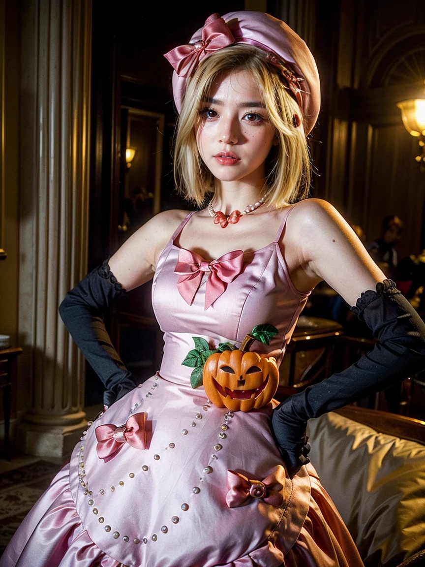 (1 lady), The beautiful, (Best quality at best:1.4), (ultra - detailed), (extremely detailed CG unified 16k), orange redhair, very detailed, High-definition RAW color photo, professional photoshooting, amazing face and eyes, cosmetics, (amazingly beautiful girl), ((lambdadelta, tall woman, taller)), ((dress, red bow, pink hat, necklace, gloves, pearl, pink dress)), standing, realistic cinematic face, photo portrait, upper body (shoulders to head), photorealistic, ((realistic natural orange redhair style, red eyes)), gorgeous, extremely beautiful face, perfect model beauty, pout mouth, flirting smile, cleavages, city girl, western, (masterpiece), best quality, high resolution, extremely detailed, blurred background, depth of field, cinematic lighting, clear and well-cared skin
