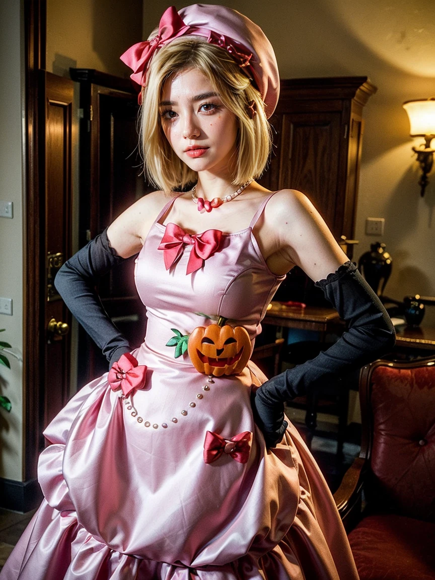 (1 lady), The beautiful, (Best quality at best:1.4), (ultra - detailed), (extremely detailed CG unified 16k), gold blonde hair, very detailed, High-definition RAW color photo, professional photoshooting, amazing face and eyes, cosmetics, (amazingly beautiful girl), ((lambdadelta, tall woman, taller)), ((dress, red bow, pink hat, necklace, gloves, pearl, pink dress, pumpkin brooch)), standing, realistic cinematic face, photo portrait, upper body (shoulders to head), photorealistic, ((realistic natural blonde hair style, red eyes)), gorgeous, extremely beautiful face, perfect model beauty, pout mouth, flirting smile, cleavages, city girl, western, (masterpiece), best quality, high resolution, extremely detailed, blurred background, depth of field, cinematic lighting, clear and well-cared skin