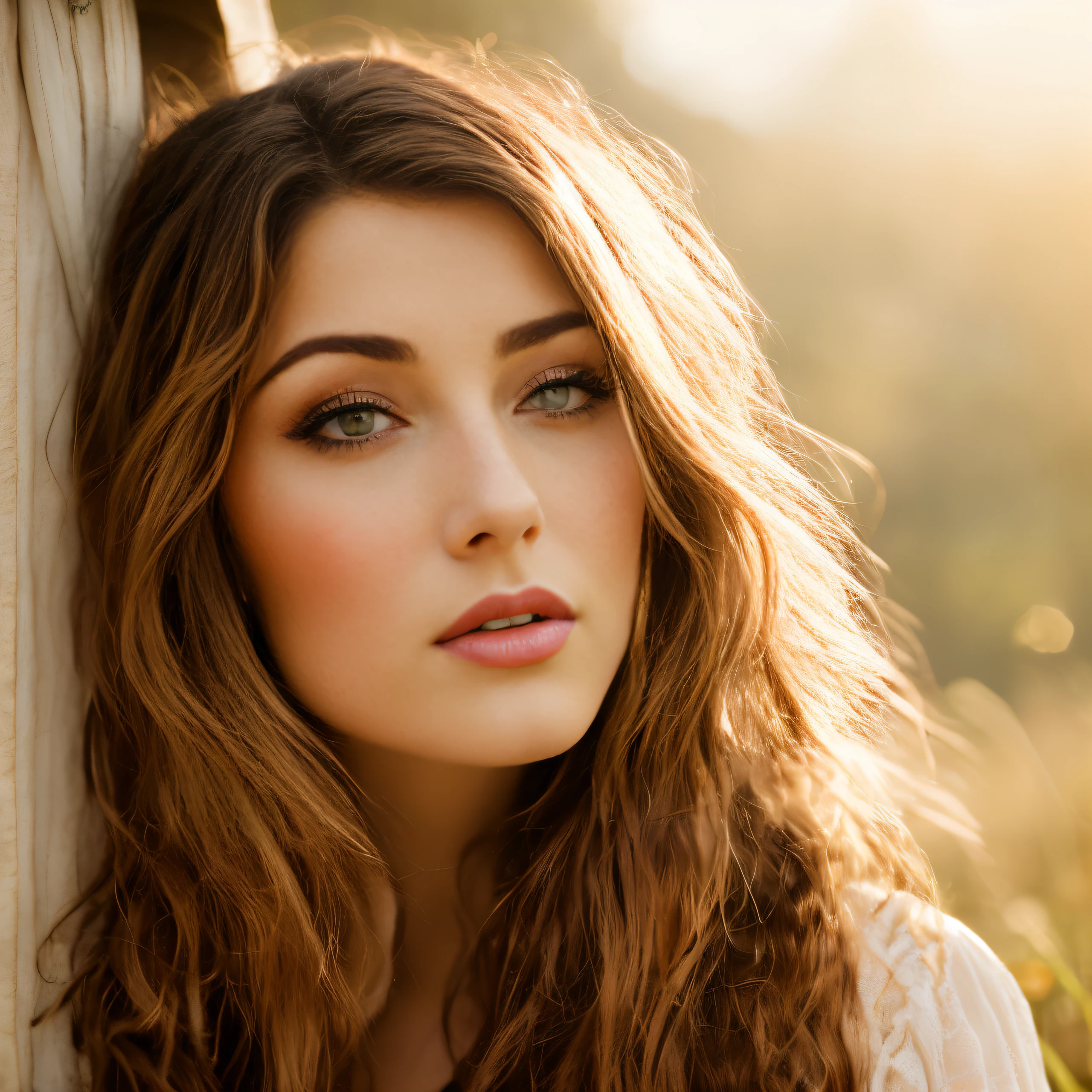 close-up de uma mulher com um vestido em um campo, lindo retrato, inspirado em Sophie Pemberton, retrato de romantismo, Cinematic gorgeous genuine leather, Mulher vitoriana bonita, fantasy genre portrait, Belo retrato image, Beleza Catriona Balfe, Belo retrato, woman with braided brown hair, foto de retrato com pintura fosca, baseado em Edmund Leighton, linda donzela