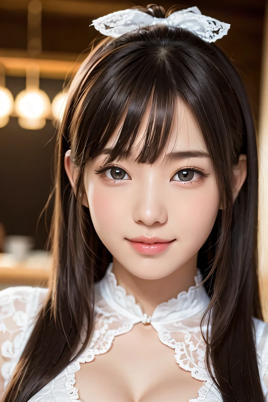 brightexpression、photorealistic stick:1.32、highest quality、超A high resolution、Photos of the most beautiful Japan girls、cute and beautiful face details、small face、(Pueros face_V1:0.008)、Beautiful bangs、、Brilliant white skin、hair gets tangled in face、Bangs that reach down to the face、bangs、hair between eyes、super long hair、charming brown silky hair、bright、Clear light blue eyes shine charmingly、ample breasts、Dynamic poses highest quality、disorganized、((the cutest girl in the world))、Japanese、14 years oldlace dress:1.3))、(half up hair:1.3)、(tie with a thin ribbon)、nice and cute、innocent smile、nice smile、cleavage、(big breasts:1.3)、ponytail、brown hair、thin waist、detailed beautiful eyes、face forward、Upper body、close up of face、Front view、