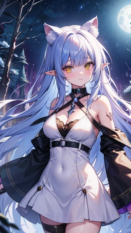 Emilia re:zero, purple eyes, Emilia, crown braid, x hair ornament, flower hair ornament, white hair, long hair, medium breasts, 1girl, anime, cute girl, elf, blank background, white background, fantasy, detailed dark fantasy dress with highlights, beautiful face, beautiful eyes, dark colors, medium breasts, slight cleavage, beautiful skin, cute, silver hair, red eyes, breast curtains, extremely delicate and beautiful, (beautiful detailed face:1.0), (detailed deep eyes), symmetrical breasts, deep eyes, shiny skin, portrait, slender waist, hips wider than shoulders, thighs, young girl