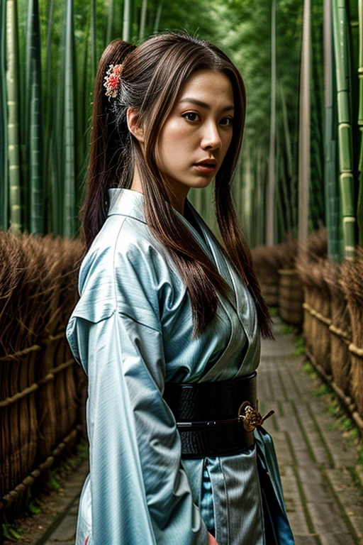 Beautiful female samurai in kimono, Capture strength and grace, Backgrounds that make your character stand out, Japanese sword, Courage and beauty、bamboo forest、Hold the sword、Hairstyle: Long hair、Brown Hair
