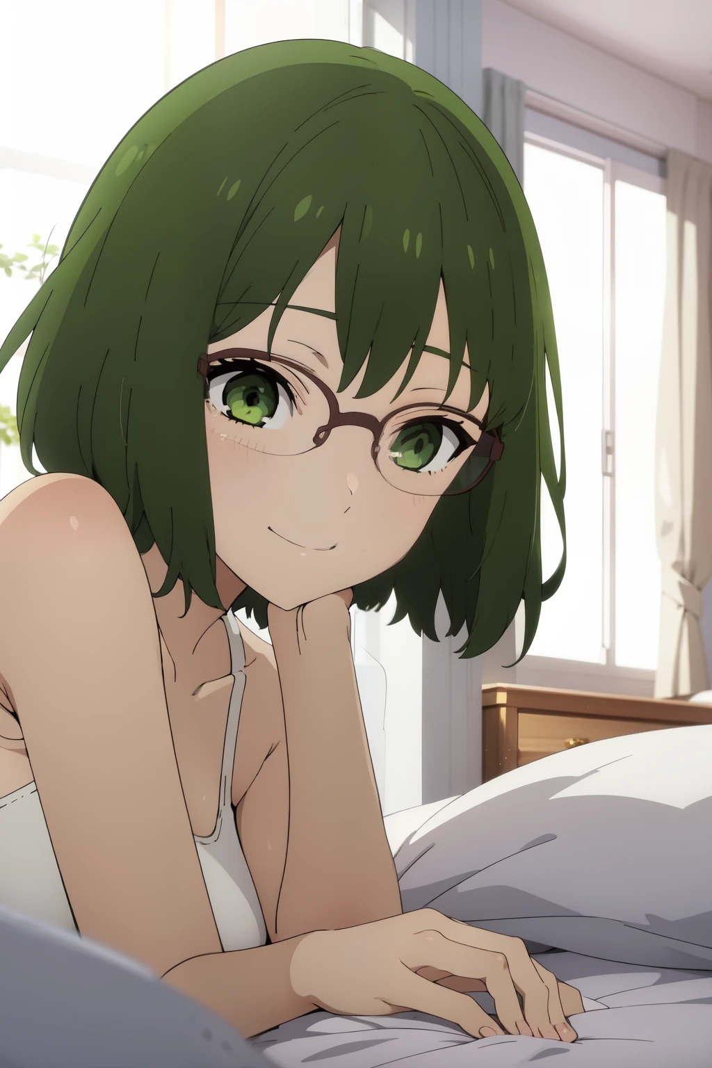 Anime background art, bottom of room, one bed, lying on a bed, beautiful anime scenes, 4K anime art wallpaper, 4k anime art wallpaper, Rosla global illumination, anime girl, best quality, detailed, 1 girl, alone, same as LORA, same as lora, closed mouth, smile, green hair, short hair, glasses, defined eyes, green eyes, looking at viewer, perfect face, perfect eyes, lora costume, big tits. 