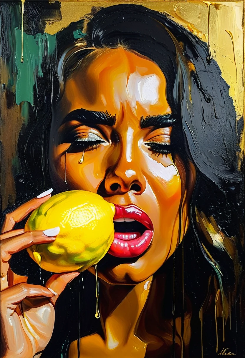 beautiful girl with her mouth wide open eats a slice of lemon, the acid of the lemon brings tears to your eyes, ((tears from eyes!!!)) face of disgust (in the Coby-Whitmore style), noir impressionism , ((Palette / oil painting)), ((masterpiece)), impression ,Extreme detail, perspective, 8K
