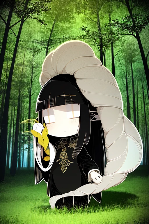 Girl, black eye, middle in the trees, long black hair, sad and shocked, the grass under her it's glowing, night, she isn't near, she is so fat away in the picture, so small in the middle of biggest trees