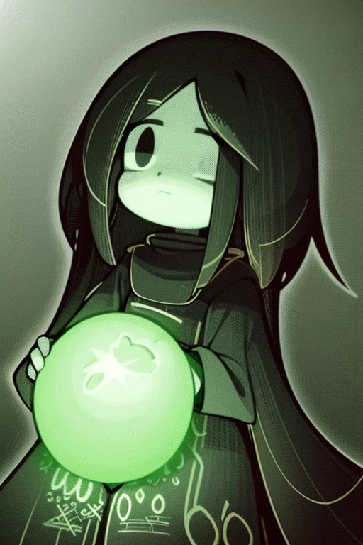 Girl, black eye, middle in the trees, long black hair, sad and shocked, the grass under her it's glowing, night, she isn't near, she is so fat away in the picture, so small in the middle of biggest trees