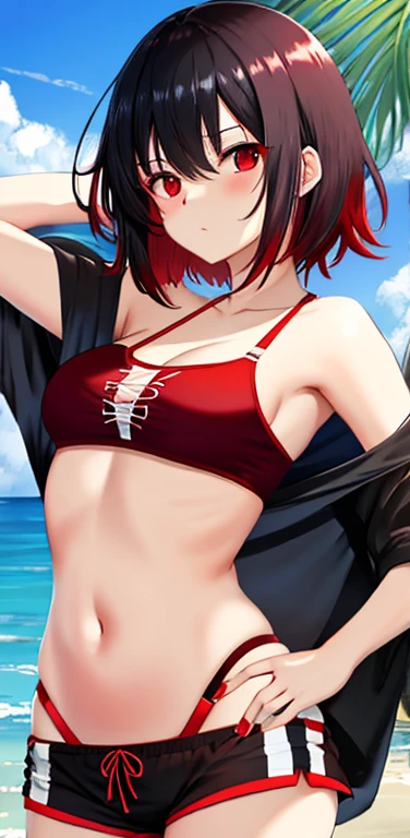 Black hair, red locks, beachwear, bra, short, cute red eyes