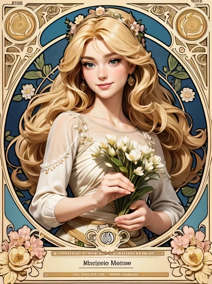 ((masterpiece、highest quality、Very detailed、High resolution、Photorealistic、Sharp focus、Cinema Lighting))、((One Woman、Mid Shot、Face Light))、High contrast、European woman portrait、smile、In underwear、Long Curly Hair、blonde、Tarot Cards、Floral Decoration Frame、Decorative panel、Abstract art、Alphonse Mucha、View your viewers、Detailed hand drawing、Fibonacci