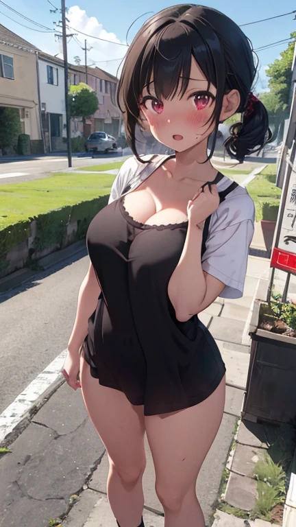mastute piece,Best Quality,insanely detailed,8k cg,nsfw,
shoot upper body,(body in front:1.1),
1girl,standing,looking at viewer,Proudly、(upright:1.3),
break,blush,shy,(trembling:1.2),break,(large breasts),Short:1.2、(open mouth:0.9),(In town),