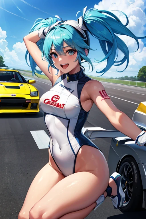 1woman(((Race Queen)))、(Highest quality)、((Laugh with your teeth showing))、sunlight、Hot summer day、(Racing Car)(((Nissan Skyline GT-R)))、((circuit))、Hatsune Miku、((Shiny, colorful and flashy leotards))、High leg、Brown skin、smile、Sunburn、 Tattoo、((Light blue hair))、Long twin tails、((Jumping cheerfully))Cool Cars、One car