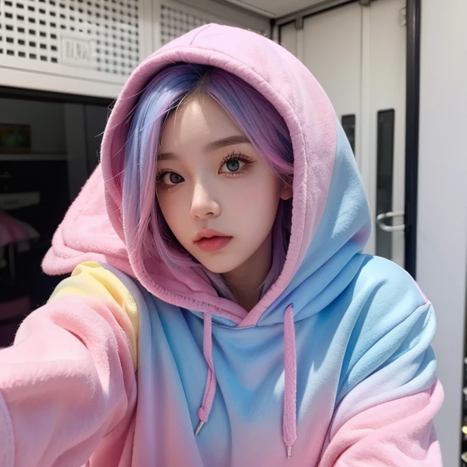 1 girl, pink and blue hair gradient, selfie, wearing hoodie, look like girlfriend
