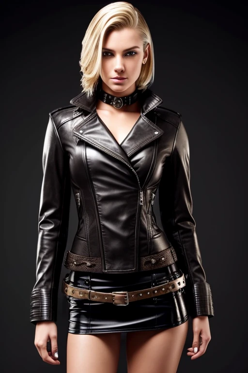 Gorgeous european steampunk woman with very short straight hair, wet hair, hair slicked back, combed straight back, slick hair, blonde hair, wearing a leather jacket with nothing underneath and mini skirt, solid dark black background