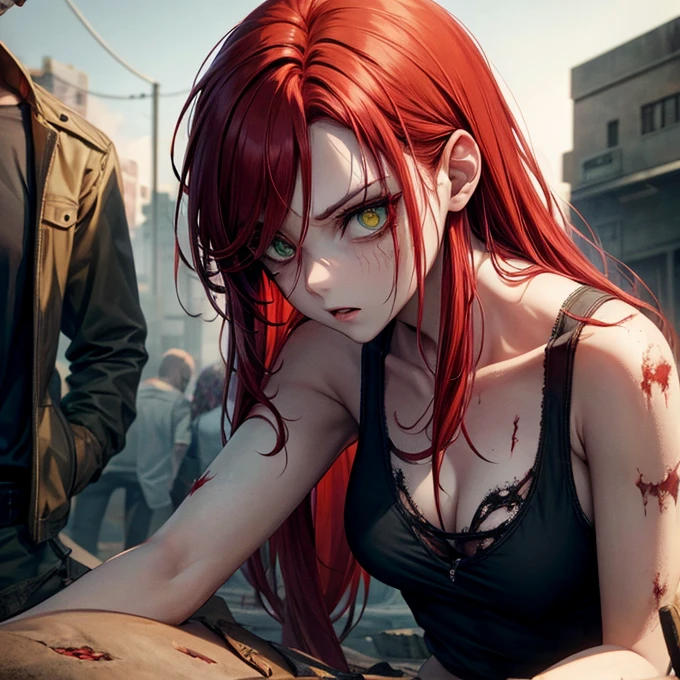Lone woman, red hair, green eyes, scared, zombie apocalypse, tattered clothing, open shirt