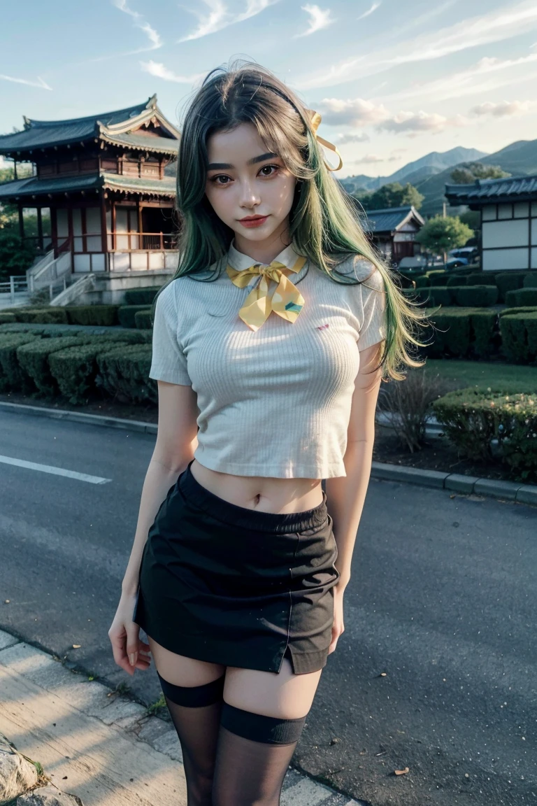 1girl, tarankaaa, standing position, perfect body, best quality, 32k, photograph, full body (head to toe), tone mapping, Sonozaki Shion, ((Sonozaki Shion, green hair, green eyes, long hair)), ((yellow ribbon, white shirt, blue necktie, blue skirt, black kneehighs)), asian-european, green hair, green painted hair, greenhaired, full color green hair, long hair, perfectly drawn hands, ((masterpiece)), ((highres)), ((detailed background)), japanese village background, nexto to a temple, ((fit girl)), cute pose, smiling, ((perfect eyes, detailed eyes, realistic eyes)), ((sharp face, detailed face, realistic face, naturtal skin, realistic skin, detailed skin, pores)), 