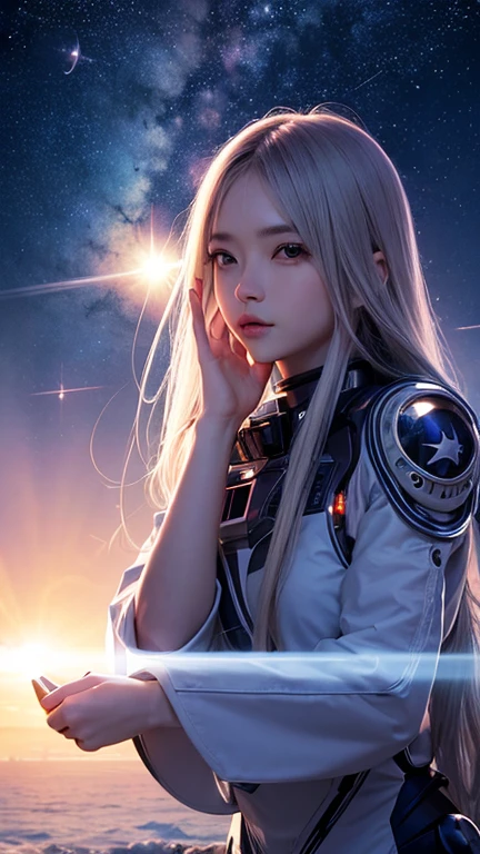 Naoyuki Kato, Hajime sorayama, Juhani Jokinen, Fred Gambino, Surrealism, wonder, strange, bizarre, fantasy, sci-fi, Japanese anime, space station cafe, stars as far as the eye can see, beautiful girl in a mechanical suit, perfect voluminous body, watching a space fighter take off, detailed masterpiece cinematic lighting Hyper realistic sharp focus cinematic lighting embarrassing shy blushing coquettish real