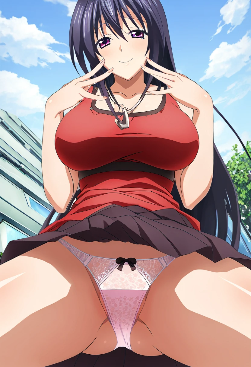 System Deep_Akeno, One girl, alone, length_hair, , smile, big_chest, black_hair, ribbon, jewelry, very_length_hair, purple_eye, clavicle, heart, , null, Day, cloud, necklace, red_dress, ,squat，Spread your legs，Spread your legs，From below，((Cotton panties with crotch))，(((Skirt flip, I can see your panties)))，((Cotton panties with crotch))，(((Skirt flip, I can see your panties)))，Embarrassing，red面，Alone，(( Masturbating by touching the vagina with your fingers)),(( Masturbating by touching the vagina with your fingers)),(( Masturbating by touching the vagina with your fingers)),(( Masturbating by touching the vagina with your fingers)),(( Masturbating by touching the vagina with your fingers)),(( Masturbating by touching the vagina with your fingers)),