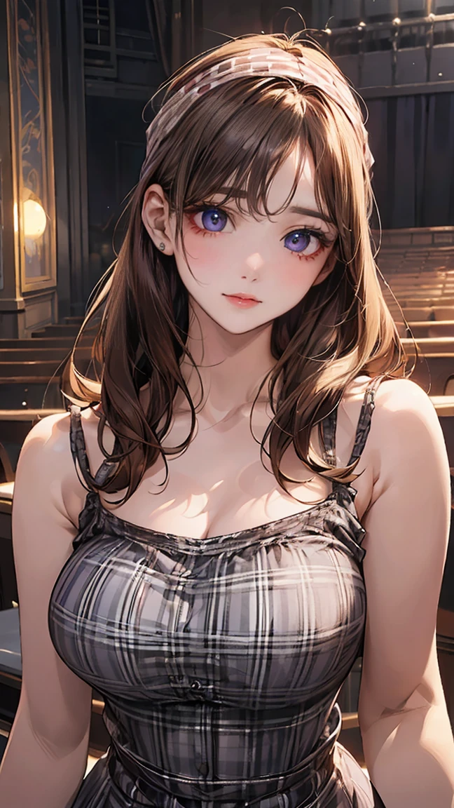 Fine quality illustrations, (Natural side light, theater lighting), looking at the audience, Upper Body, (1 girl:1.5), Lovely女の子, Delicate and perfect face, Symmetrical Lovely face, shiny skin, baby face, Tie up your bangs, Black eyes, Long eyelashes, (Large Breasts), (Wide hips:1.3),plump thighs,beautiful hair, Pretty Face, Pretty and beautiful eyes, Beautiful clavicle, Beautiful Body, Beautiful breasts, Beautiful thighs, Beautiful Feet, beautiful fingers,(beautiful scenery),(Lovely), 16 year old girl, (organic cotton thick checkered summer camisole dress: 1.5), (Same style large headband:1.5), (Fluffy semi-long hair,brown hair), summer,Cleavage