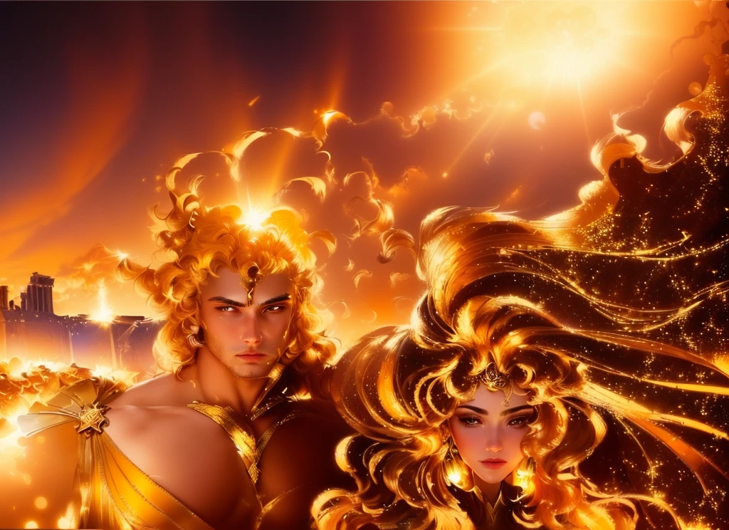 master piece, 8k detail, close up of a painting of a woman and a man, the man is the greek god of the sun. his hair is on fire and he radiates light, he wears a gold tunic with gold sungod medal on his right shoulder . the woman has hair that is dark like outer space, with stars shinning in her hair strands. Her skin is the color of the full spectrum (rainbow) background has the Parthenon plus mountains in the background.