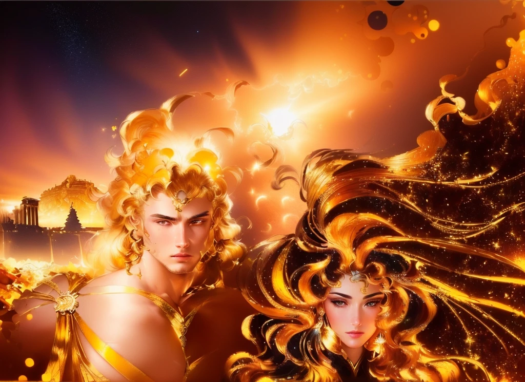 master piece, 8k detail, close up of a painting of a woman and a man, the man is the greek god of the sun. his hair is on fire and he radiates light, he wears a gold tunic with gold sungod medal on his right shoulder .  the woman has hair that is dark like outer space, with stars shinning in her hair strands. Her skin is the color of the full spectrum (rainbow) background has the Parthenon plus mountains in the background.