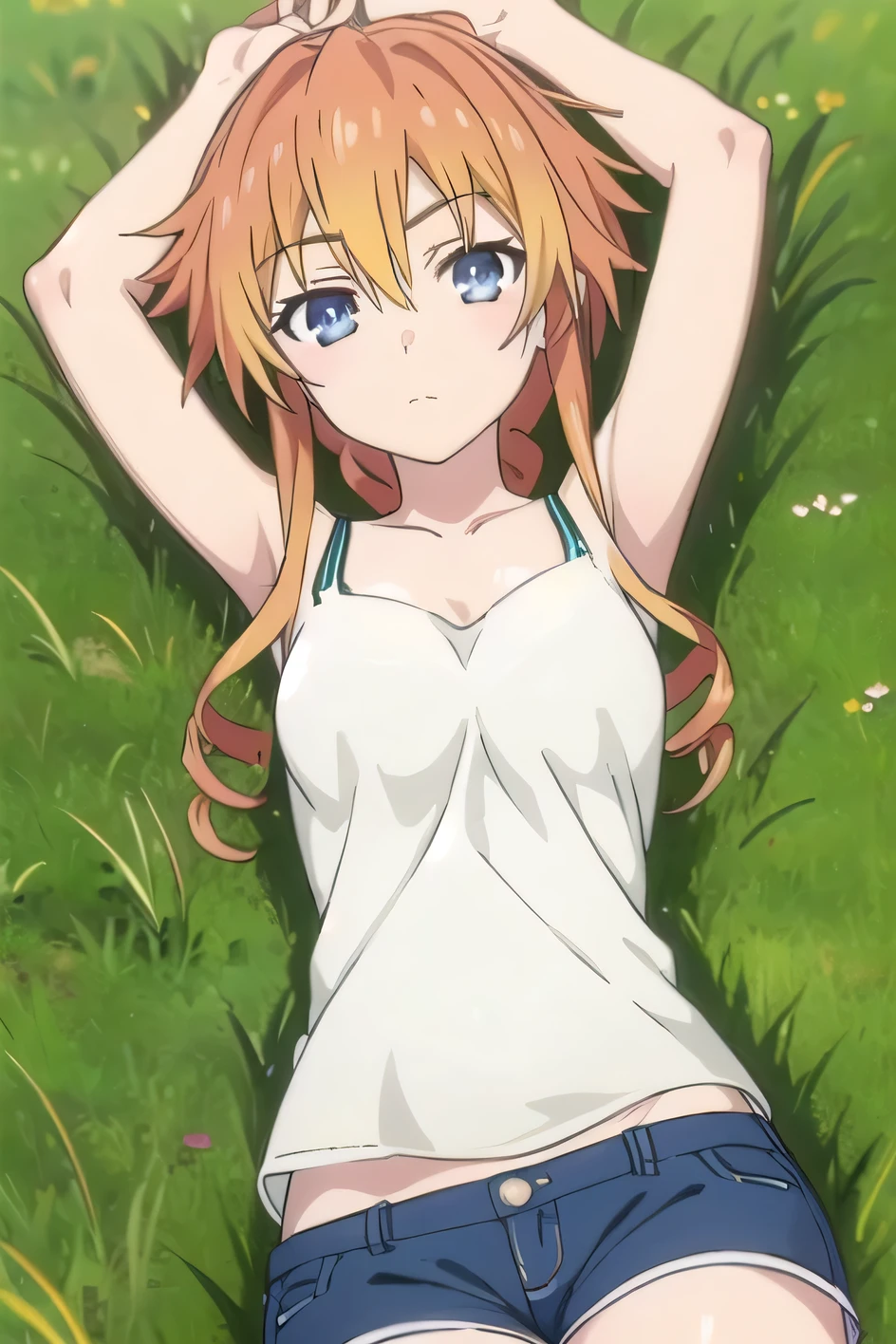 solo, 1girl, yuzuru yamai, camisole, shorts, white camisole, blue shorts, looking at viewer, closed mouth, on back, on grass, arms up, expressionless, upper body,, lying, best quality, sleeveless, center