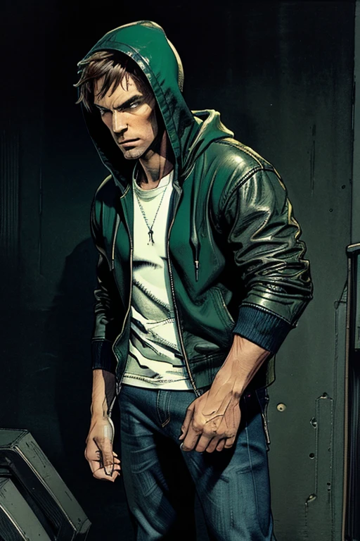 Man in hoodie Hooded And on top of that, and on top green Dark leather jacket on top and darkened face cap and jeans and converse sneakers Heroic Presence Serious and strong pose Standing Rolled-up sleeves Standing Rolled-up sleeves, open jacket, Converse Sneakers Rolled-up, sleeves rolled-up sleeves Standing 