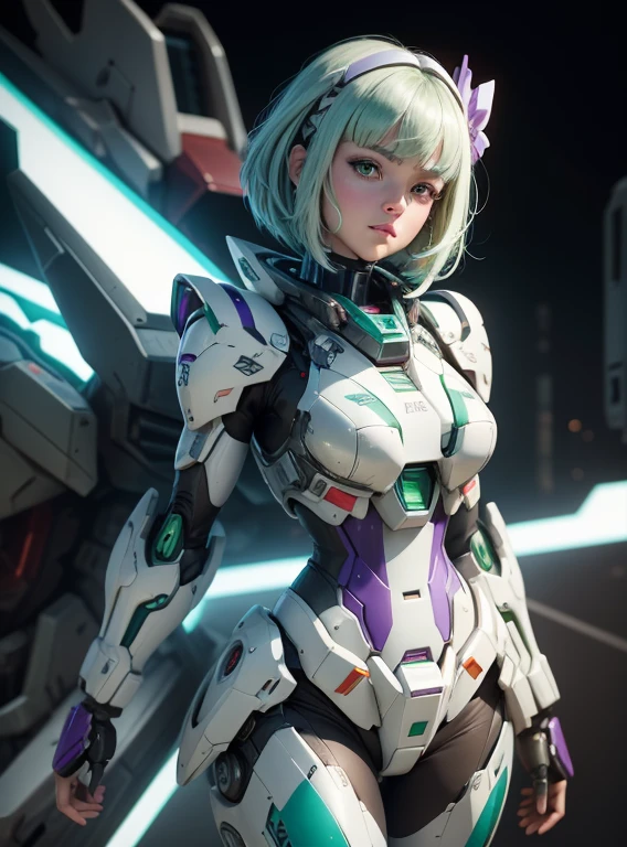 A character with a short, light green eyes,straight bob hairstyle, colored white with light blue highlights at the tips. The hair is neatly cut and frames the face, with straight bangs covering the forehead. A large, purple bow is tied on the left side of the hair, adding a distinctive and playful touch.Textured skin, Super Detail, high details, High quality, Best Quality, hight resolution, 1080p, hard disk, Beautiful,(Gundam),beautiful cyborg woman,Mecha Cyborg Girl,Battle Mode,Girl with a Mecha Body,She wears a futuristic Gundam mecha,Fulll body Shot