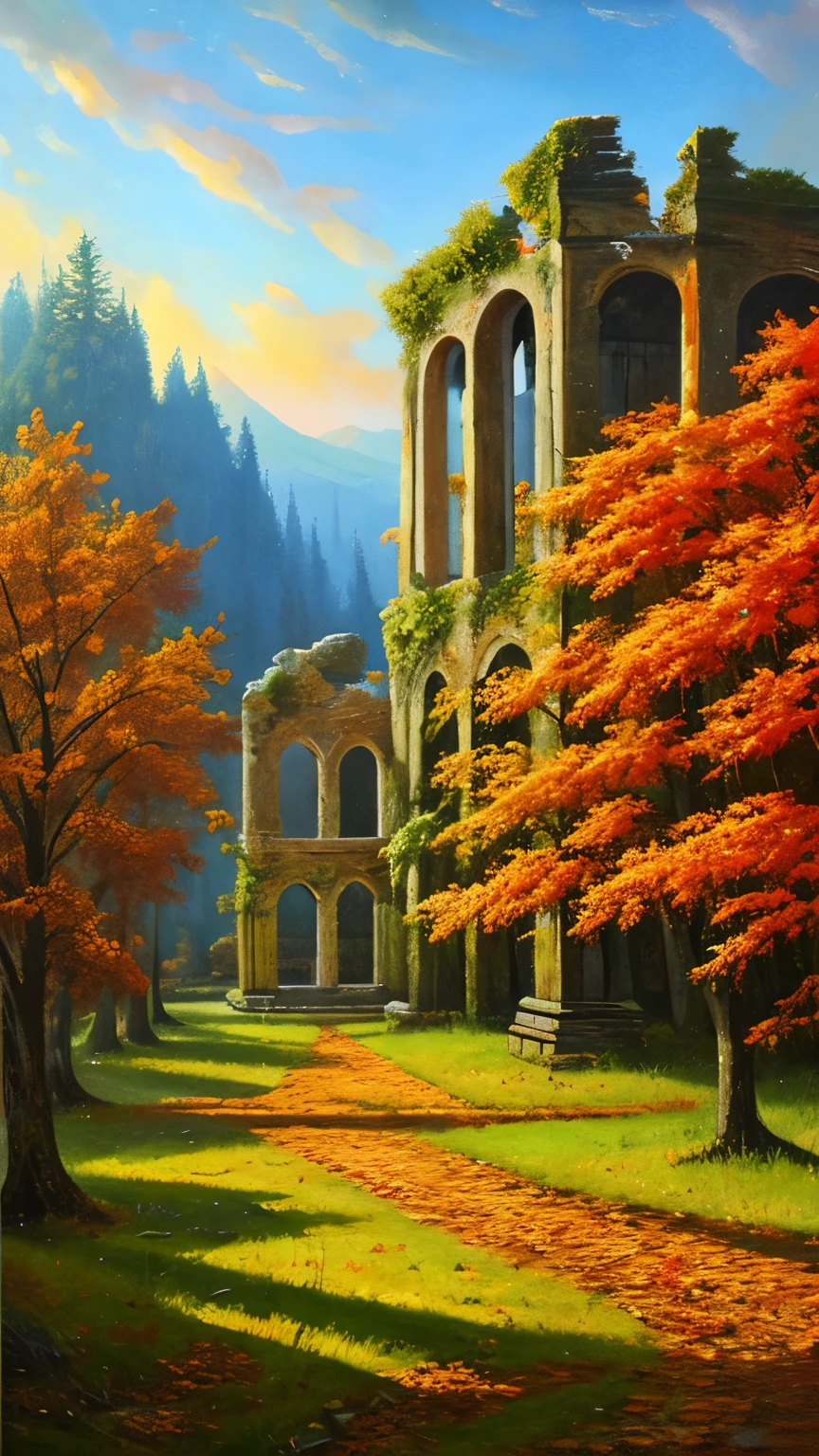 , late autumn ruins, high quality, highly detailed, illustration, impasto, canvas, oil painting, fantasy,