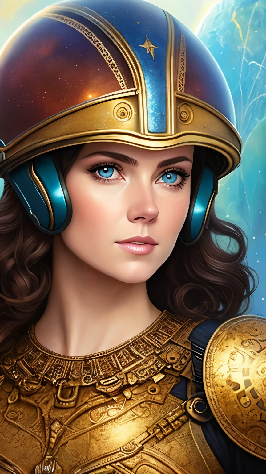 a close up of a woman with a helmet on and a sci - fiore, boris vallejo and tom bagshaw, prophet graphic novel, cosmic artifacts, inspired by Earl Norem, deepdream, awarded on cgsociety, looks a bit similar to amy adams, golden turquoise steampunk, anno 2070  