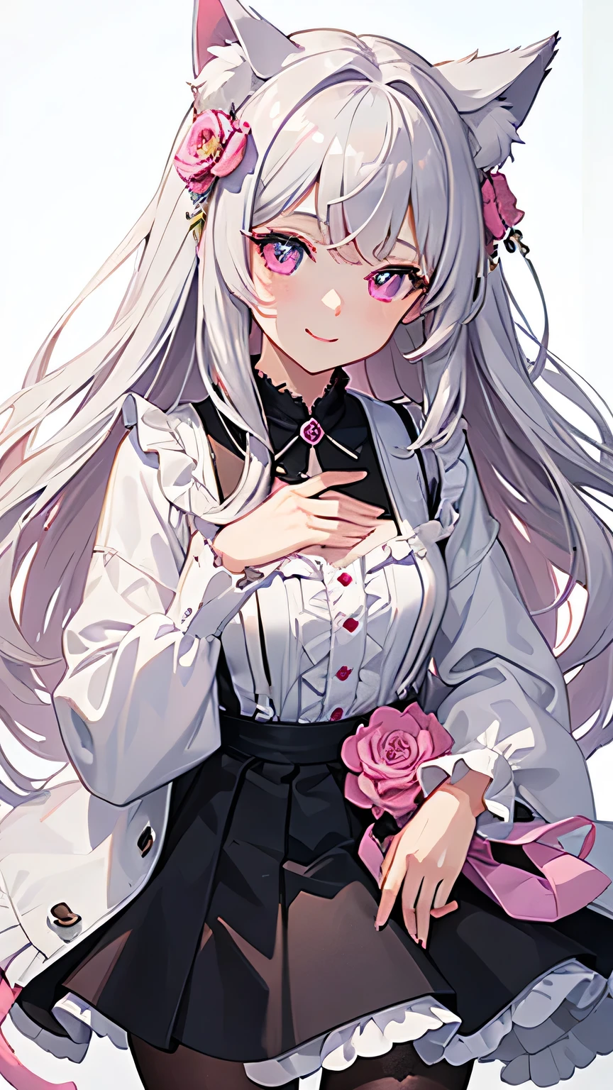 masterpiece,highest quality,Highly detailed face,fine grain,Sparkling eyes,Highlighted eyes,Medium chest,pretty girl,smile,Cat ear,Beautiful silver hair,Pink inside,Beautiful pink eyes,Oversized shirt、skirt、black tights,Flower storm,Waterfront