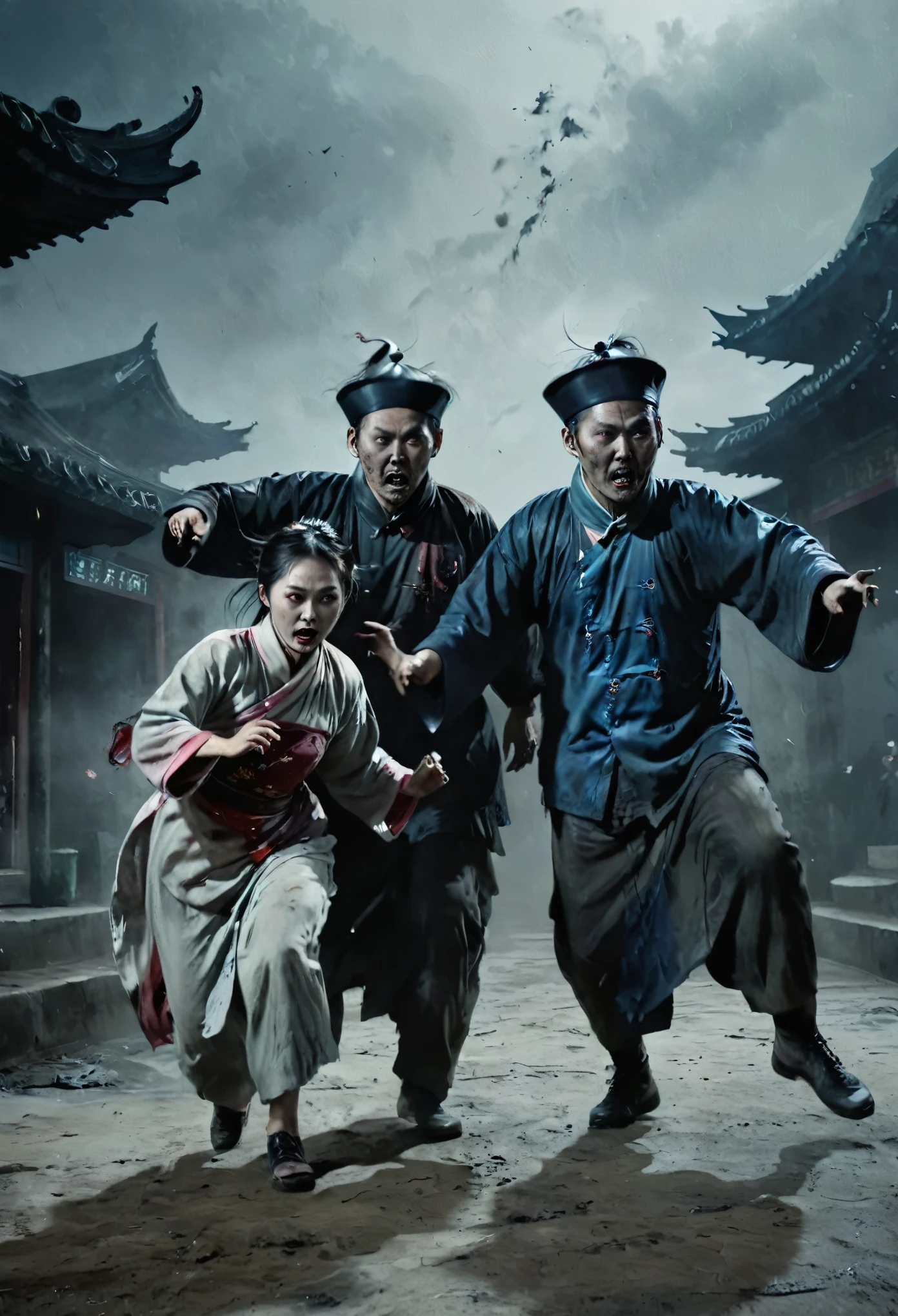 Three normal young villagers with frightened expressions(Two men and one woman wearing simple Tang suits)fight with a scary zombie (Stills:1.5), (poster:1.5), (Ink and Watercolor Painting:1.5),(Practical),((masterpiece), (best quality), super high resolution, Excellent details, Dramatic Lighting, high resolution, 8K, ridiculous,Chinese building, Chinese tower, obsolete , (Chinese_Clear_Zombies:1.5),The color palette is dark and ominous, Creating an atmosphere of fear. The overall composition reflects the ink elements of Asian horror posters and traditional Chinese aesthetics , (Remove exclusions that do not include Japanese and Korean styles).