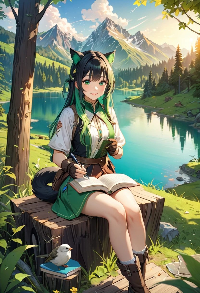 masterpiece, highest quality,, One girl, Sitting, animal, animal ears, bird, black_hair, Book, Bookmark, branch, gloves, Grass, green hair, Holding, Holding Book, Food, Food down, leaf, View Viewer, multicolored hair, open_Book, partially fingerless gloves, pen, plant, Pouch, 羽pen, read, Sitting, smile, alone, tail, wood, wood stump,, null, sun, Mountain, forest, lake