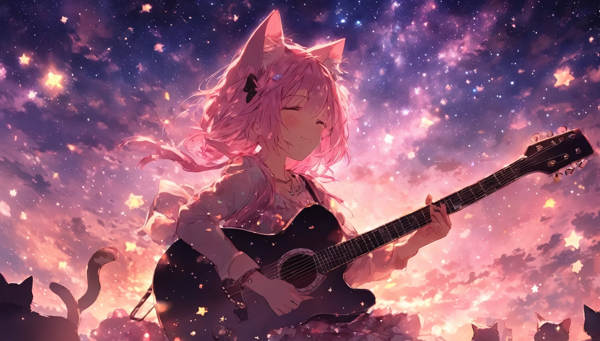 picture a scene of a girl playing the guiter alone with stars in the sky. Anime, pink hair, cat ears. That's her charm.