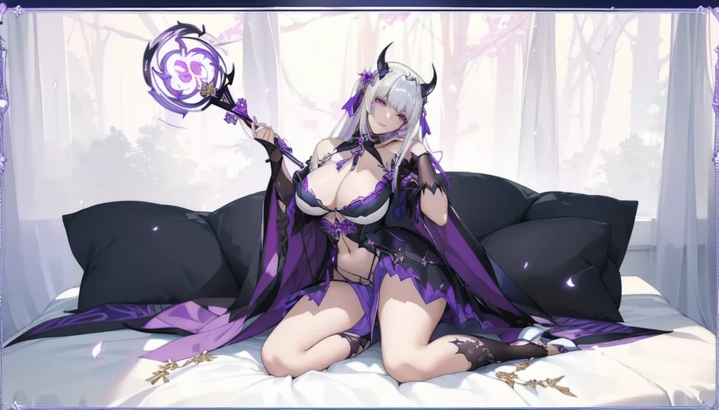 A woman in a purple dress sitting on the bed,Holding a fan in hand, The Goddess of Sorrow, Casting posture, Succubus in tight skirt, Ayaka Genshin Impact, anime goddess, From Girl Front, Powerful busty witch, Flirty anime witch casting magic, White-haired deity, beautiful succubus, fate grand order, Shadowverse Style