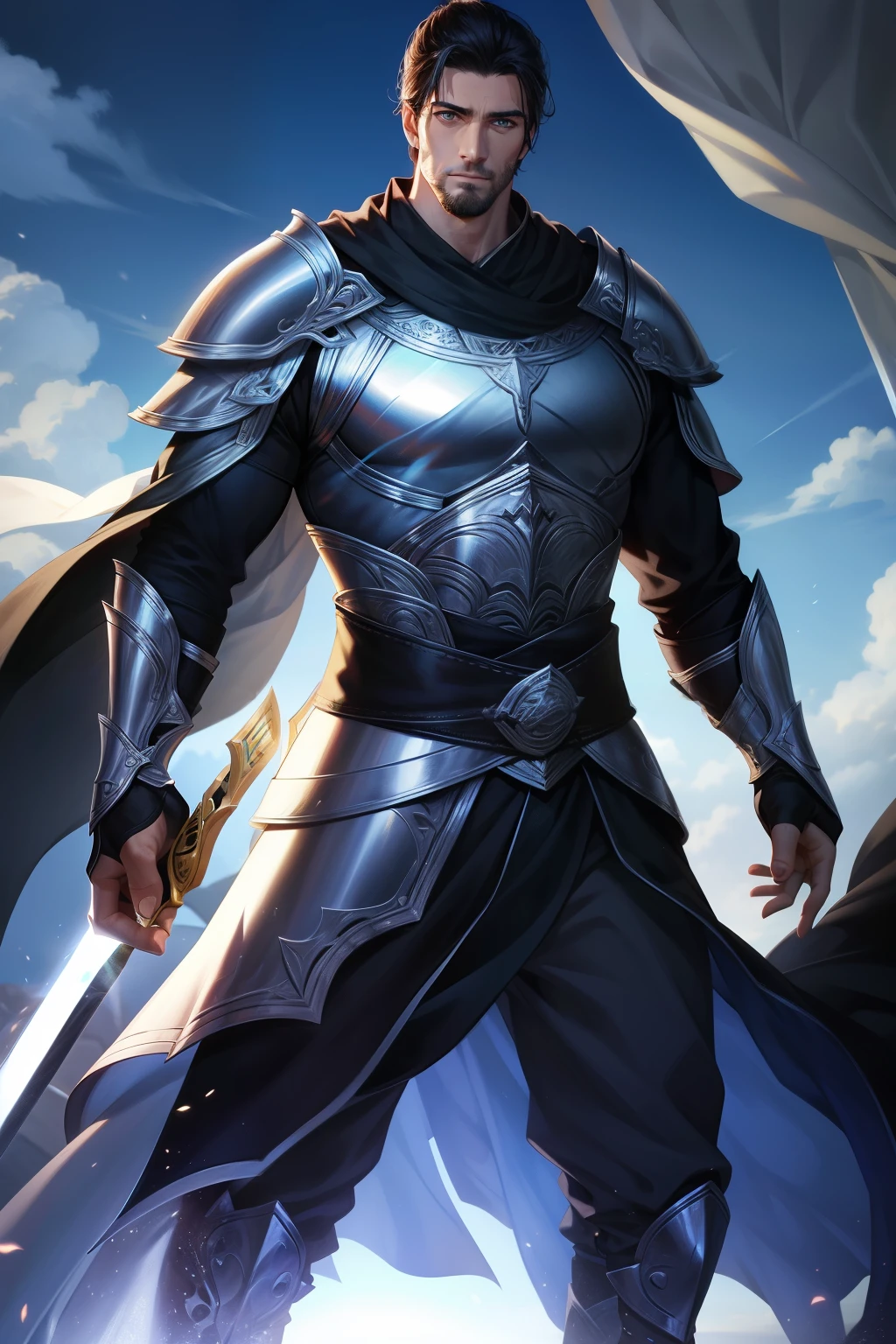 A strong man, tall handsome, has a sword of darkness, a shield of light, has white skin, named Izhar