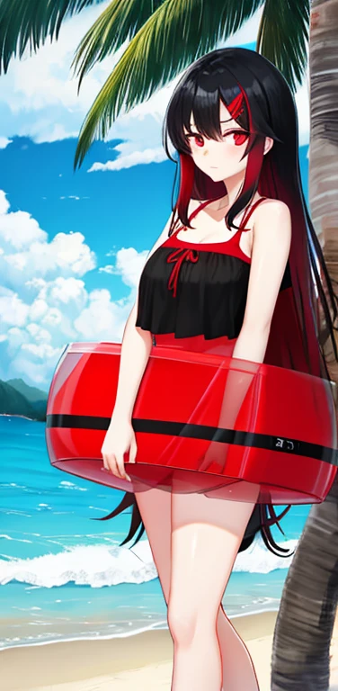 Black hair, Red locks, beachwear, good, short, Cute red eyes, long hair