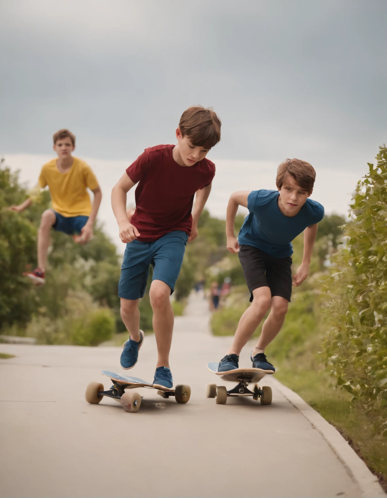 Three teenagers exercising outdoors,The boy on the left is standing on a skateboard,The boy in the middle is running,The boy on the right is riding a bicycle,have a good time。