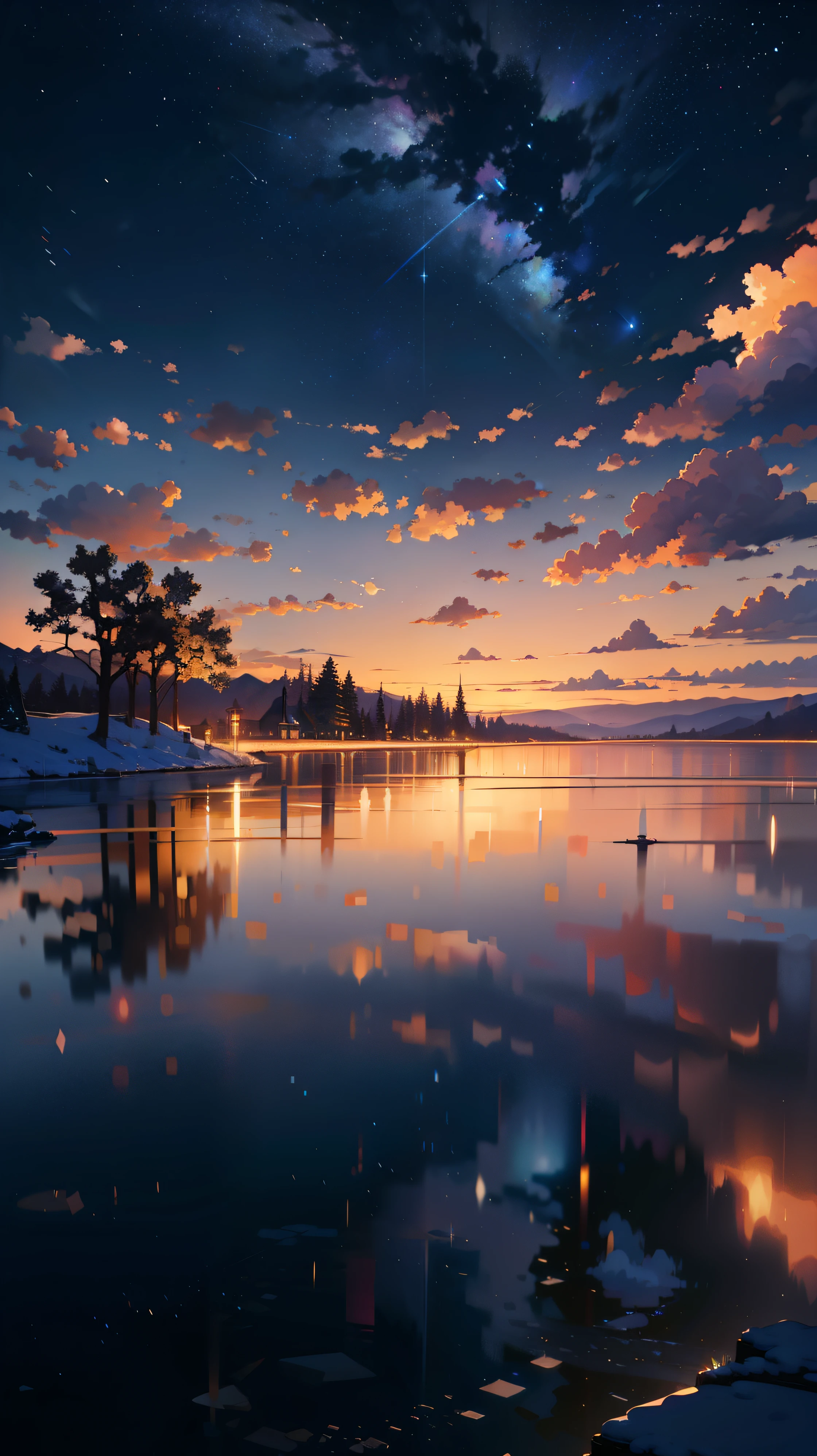 (8K, Raw photo, highest resolution, Super A high resolution, masterpiece: 1.2), there's no one here, landscape, Animated train passing through a body of water on the tracks, bright starry sky. romantic train, pixiv, concept art, Lofiato style, reflection. by makoto shinkai, Lofiato, beautiful anime scene, Detailed landscape