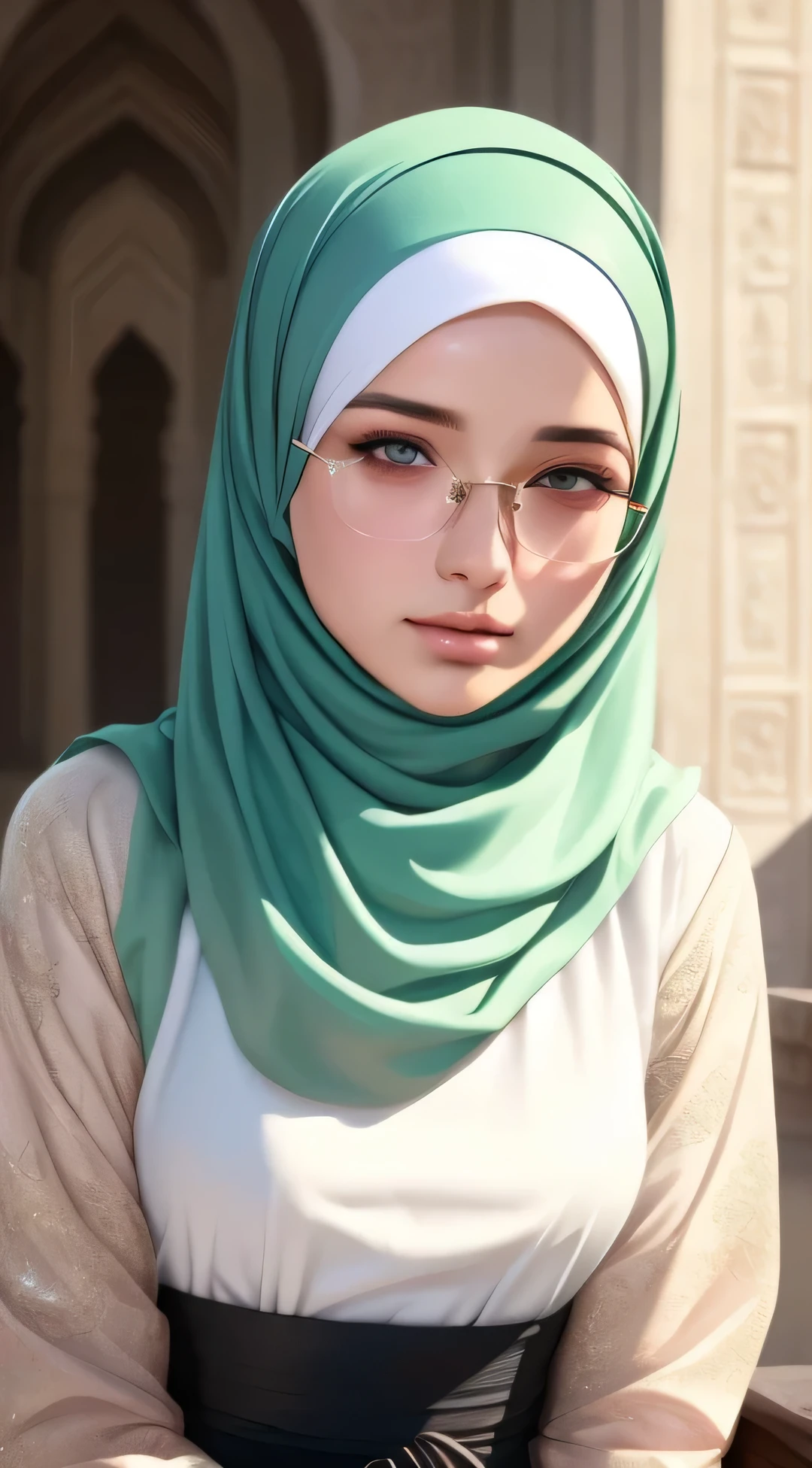 1girl, solo, beautiful face, high detailed realistic eyes, double eyelids, high detailed realistic pupils, (upon body from head to waist:1.36), (wearing hijab:1.37), (moslem headscarf:1.37), reading glasses, sitting alone on a long chair, amazing mosque park background, taj mahal, best quality, masterpiece, highres, black and white moslem female dress, Beautiful face, (upon body from head to waist:1.35), tyndall effect, photorealistic, dark studio, two tone lighting, 8k uhd, dslr, soft lighting, high quality, volumetric lighting, candid, Photograph, high resolution, 4k, 8k, Bokeh, (hyperrealistic girl), (illustration), (high resolution), (extremely detailed), (best illustration), (beautiful detailed eyes), (best quality), (ultra-detailed), (masterpiece), (wallpaper), (photorealistic), (natural light), (rim lighting), (detailed face), (high detailed realistic skin face texture), (anatomically correct), (heterochromic eyes), (detailed eyes), (sparkling eyes), (dynamic pose), (hair completely covered by the hijab:1.35), looking to viewer, muslim clothing 