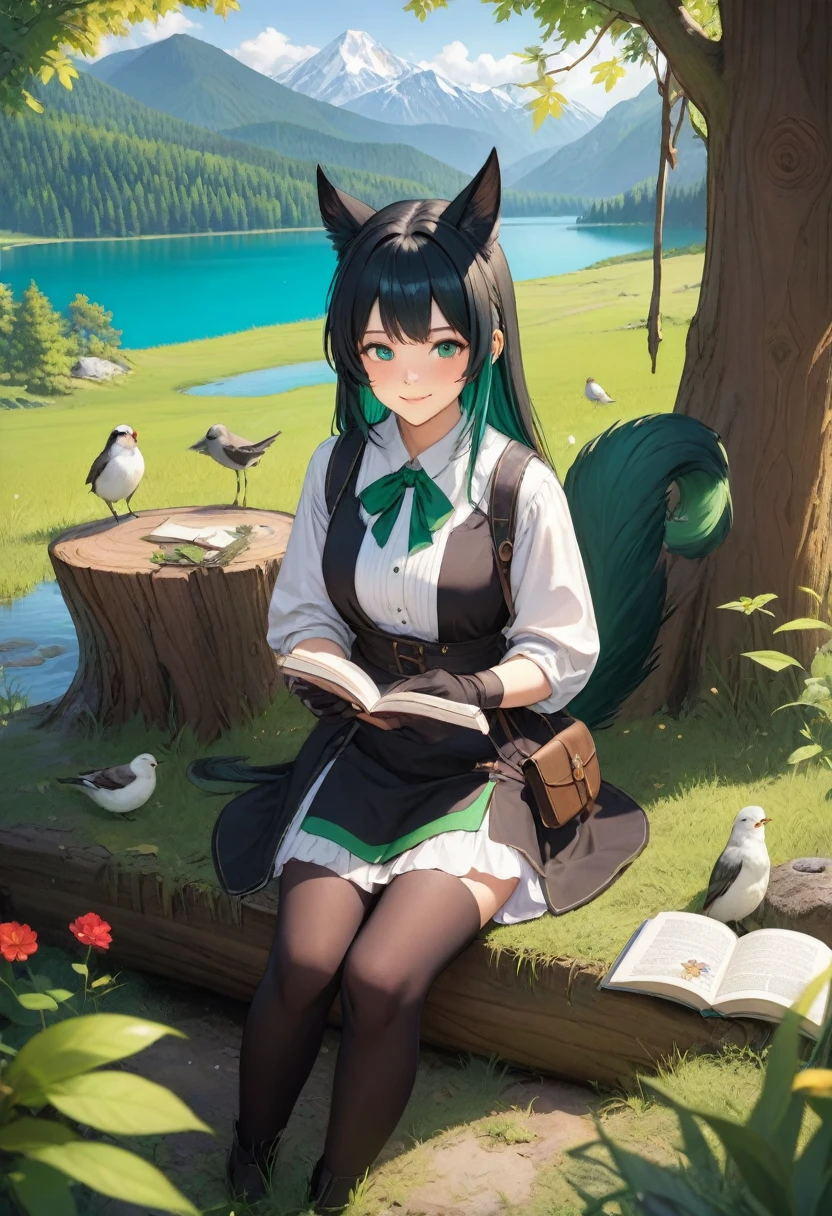 masterpiece, highest quality,, One girl, Sitting, animal, animal ears, bird, black_hair, Book, Bookmark, branch, gloves, Grass, green hair, Holding, Holding Book, Food, Food down, leaf, View Viewer, multicolored hair, open_Book, partially fingerless gloves, pen, plant, Pouch, 羽pen, read, Sitting, smile, alone, tail, wood, wood stump,, null, sun, Mountain, forest, lake