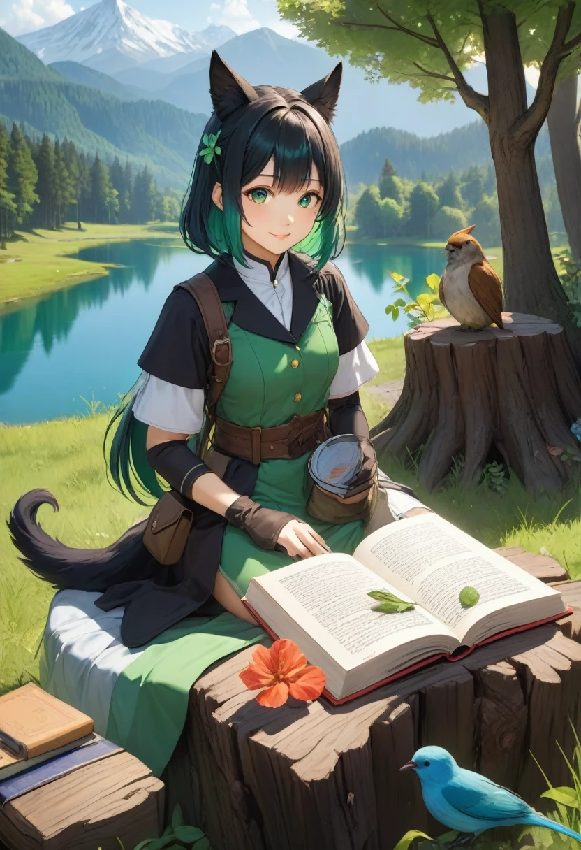 masterpiece, highest quality,, One girl, Sitting, animal, animal ears, bird, black_hair, Book, Bookmark, branch, gloves, Grass, green hair, Holding, Holding Book, Food, Food down, leaf, View Viewer, multicolored hair, open_Book, partially fingerless gloves, pen, plant, Pouch, 羽pen, read, Sitting, smile, alone, tail, wood, wood stump,, null, sun, Mountain, forest, lake